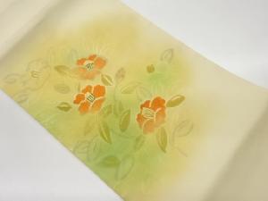 作家物　塩瀬金彩手描き椿模様名古屋帯